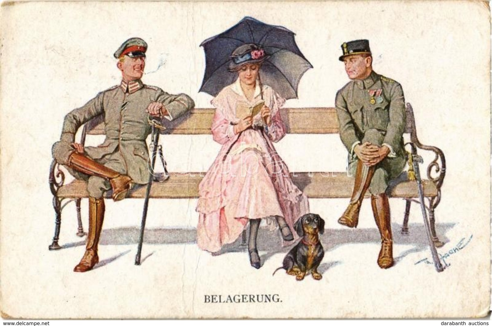 T2 Belagerung / Lady With Dachshund Dog, Between Two Flirting Military Officers. M. Munk Wien Nr. 1119. S: Zasche - Sin Clasificación