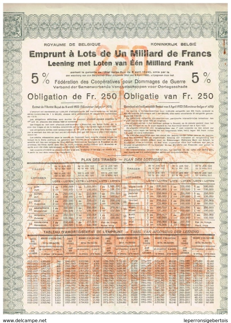 Titre De 1922 - Royaume De Belgique - Emprunt à Lots De 1 Milliard De Francs- Dommages De Guerre 1922 5% -titre Original - A - C