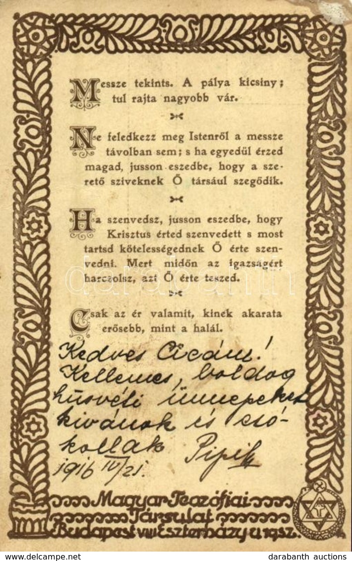 * T2/T3 1916 Magyar Teozófiai Társulat Levelezőlapja. Budapest VIII. Eszterházy U. 19. / Hungarian Theosophical Society  - Sin Clasificación