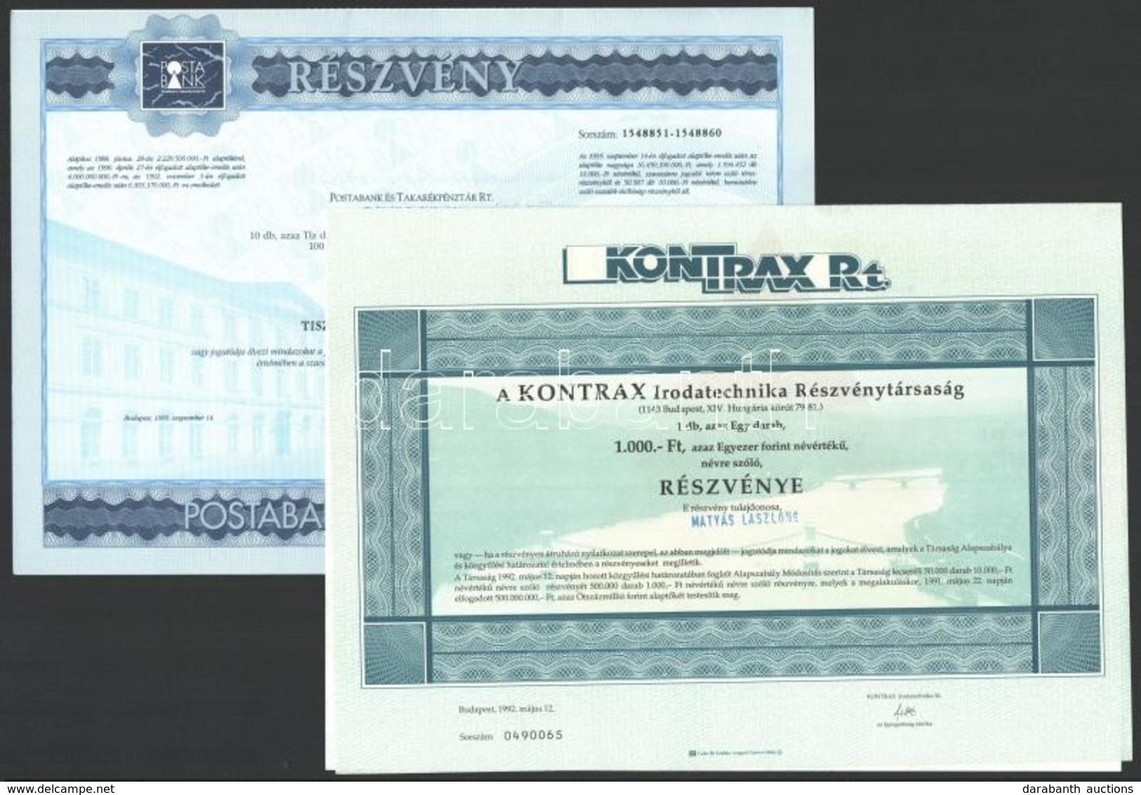 Vegyes 5db-os Részvény Tétel 1984-1995. Közötti Időszakból Benne 'Postabank', 'Kontrax' (2xklf), 'Újpesti Texilművek Rt. - Sin Clasificación