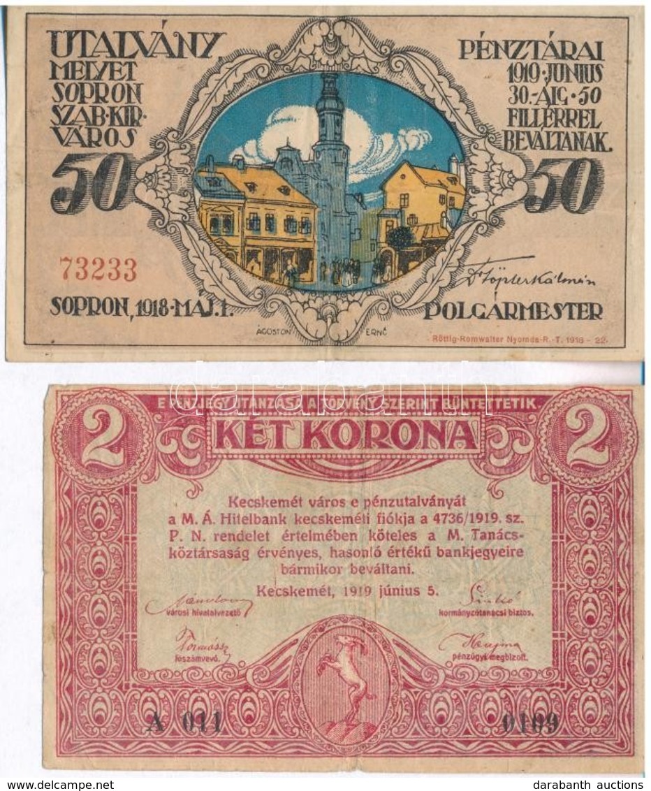 Kecskemét 1919.06.05. 2K Pénzutalvány + Sopron 1918. 50f Utalvány T:III,III- - Sin Clasificación