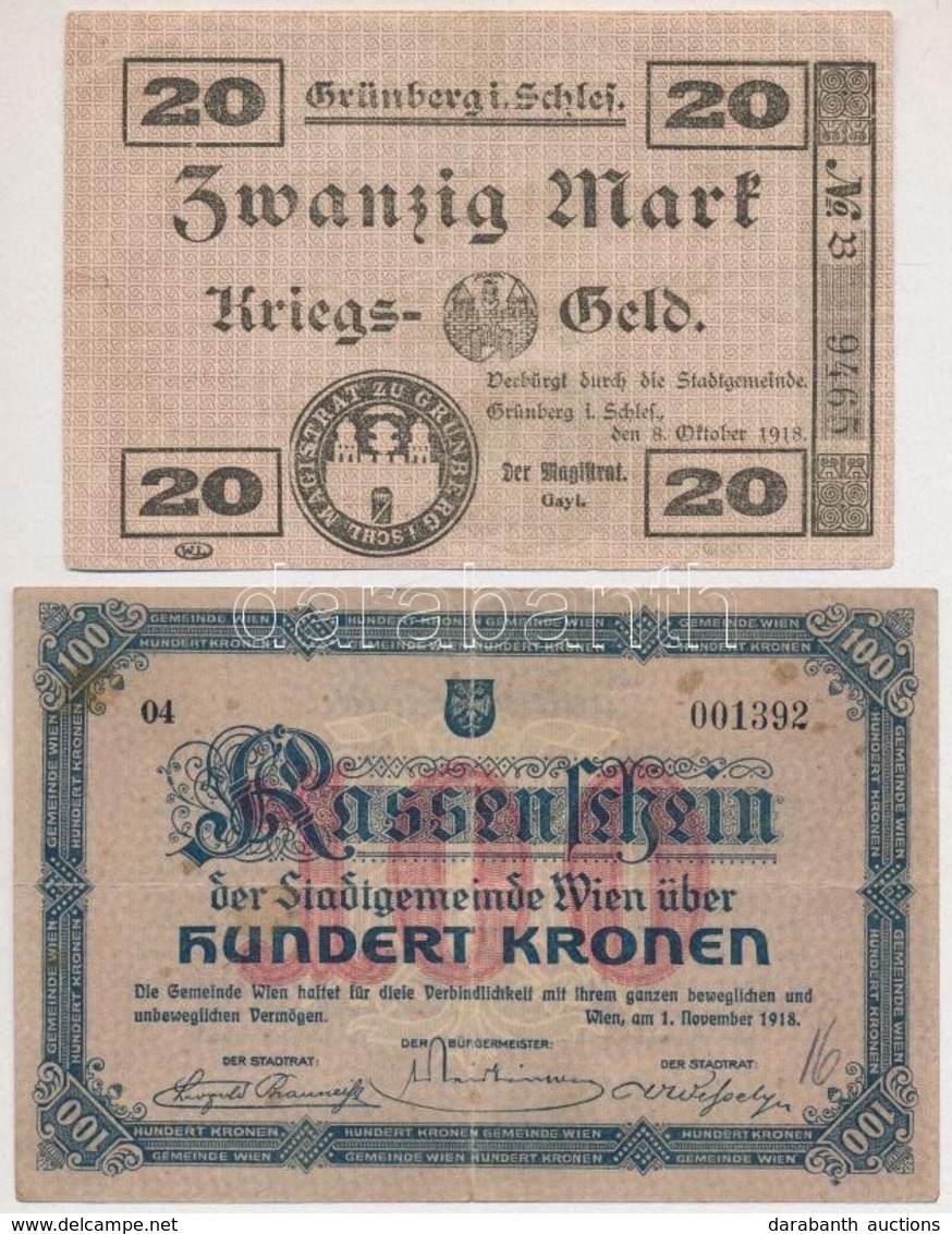 Ausztria / Bécs 1918. 100K Szükségpénz + Német Birodalom / Grünberg 1918. 20M Szükségpénz T:III,III-
Austria / Vienna 19 - Unclassified