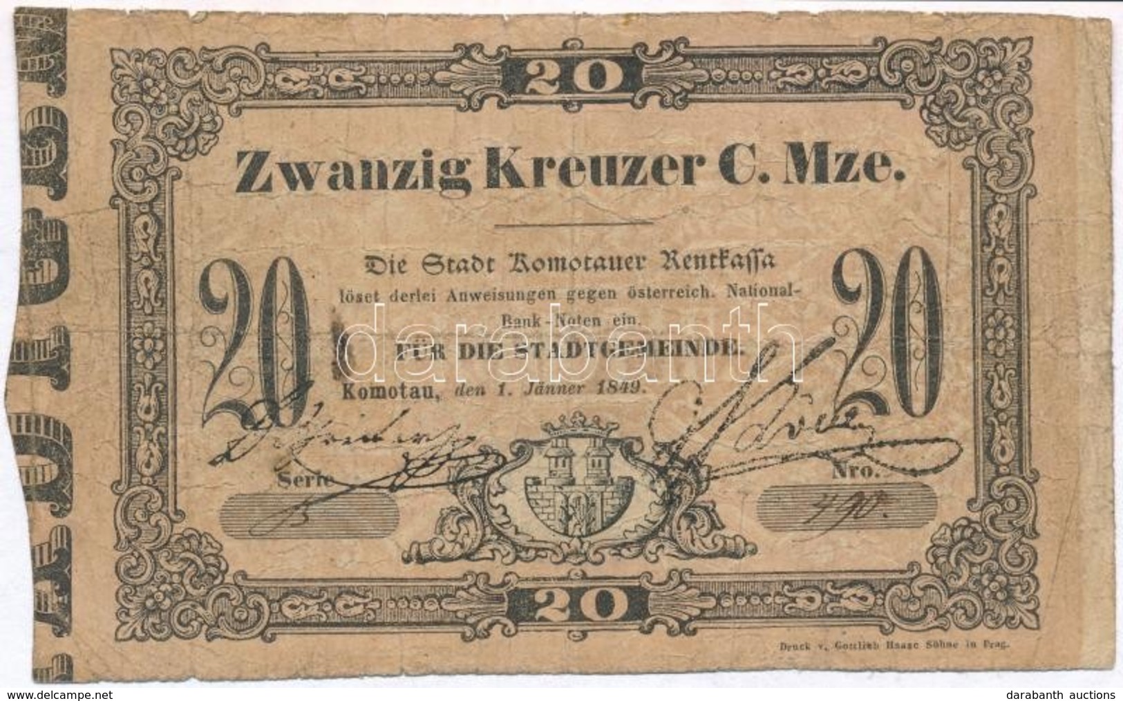 Csehország / Történelmi Tartomány / Komotau 1849. 20kr Városi Szükségpénz T:III-
Bohemia / Komotau (Chomutov) 1849. 20 K - Unclassified