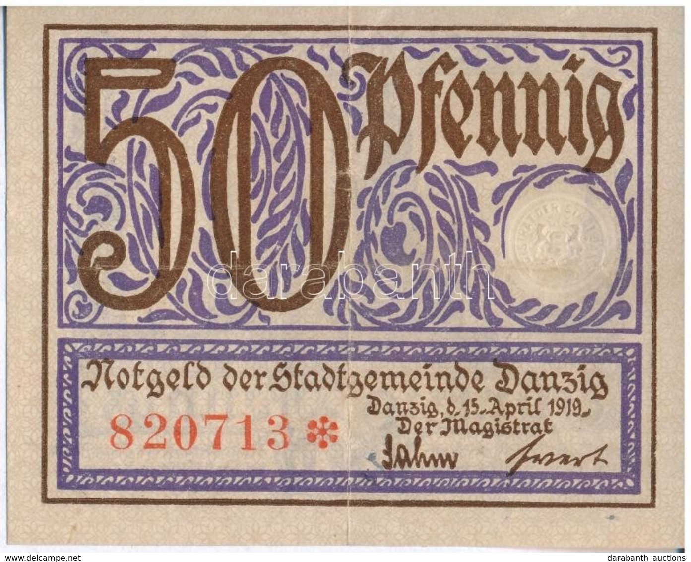 Németország / Weimari Köztársaság / Danzig 1919. 50pf Szükségpénz Szárazpecséttel, Vízjeles Papíron T:III Germany / Weim - Unclassified