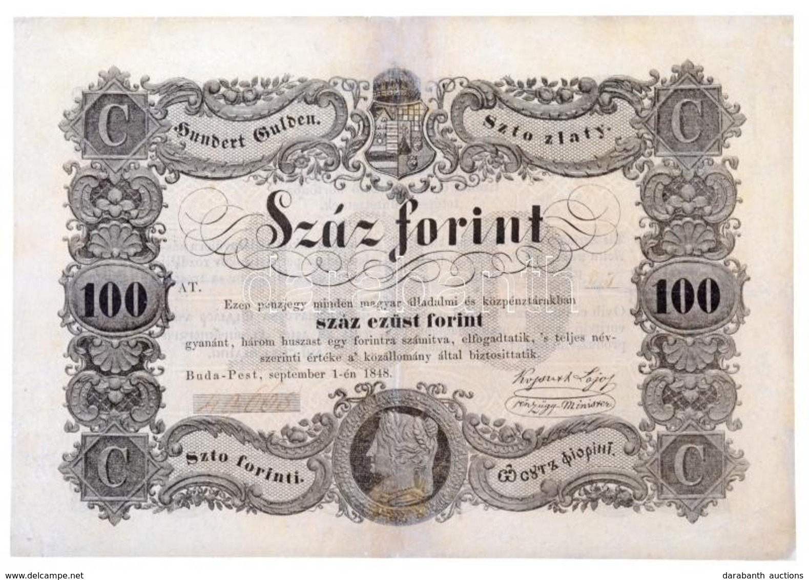 1848. 100Ft 'Kossuth Bankó' T:III-,IV Restaurált
Hungary 1848. 100Ft 'Kossuth Banknote' C:VG,G Restored
Adamo G114 - Unclassified