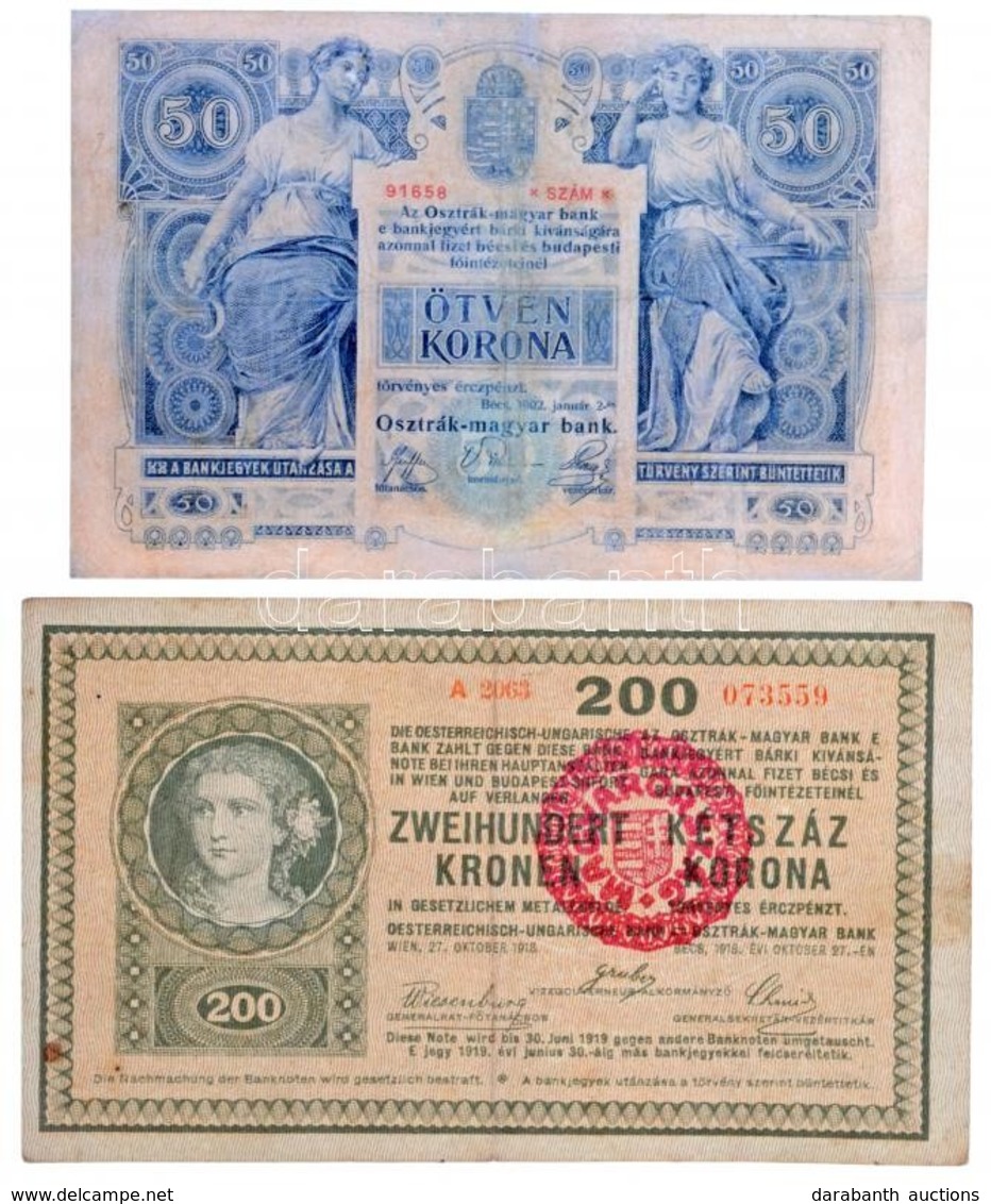 1902. 50K '1330 91658' + 1918. 200K 'A 2063' Hullámos Hátlap, Hamis Piros 'MAGYARORSZÁG' Körbélyegzővel (fake Overprint) - Sin Clasificación