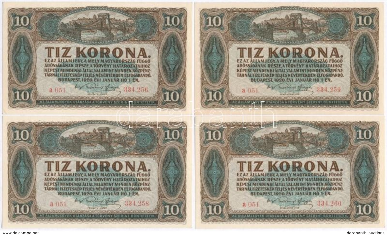 1920. 10K (4x) Közte 3db Sorszámkövető és 1db Közeli Sorszám T:I,I- - Sin Clasificación