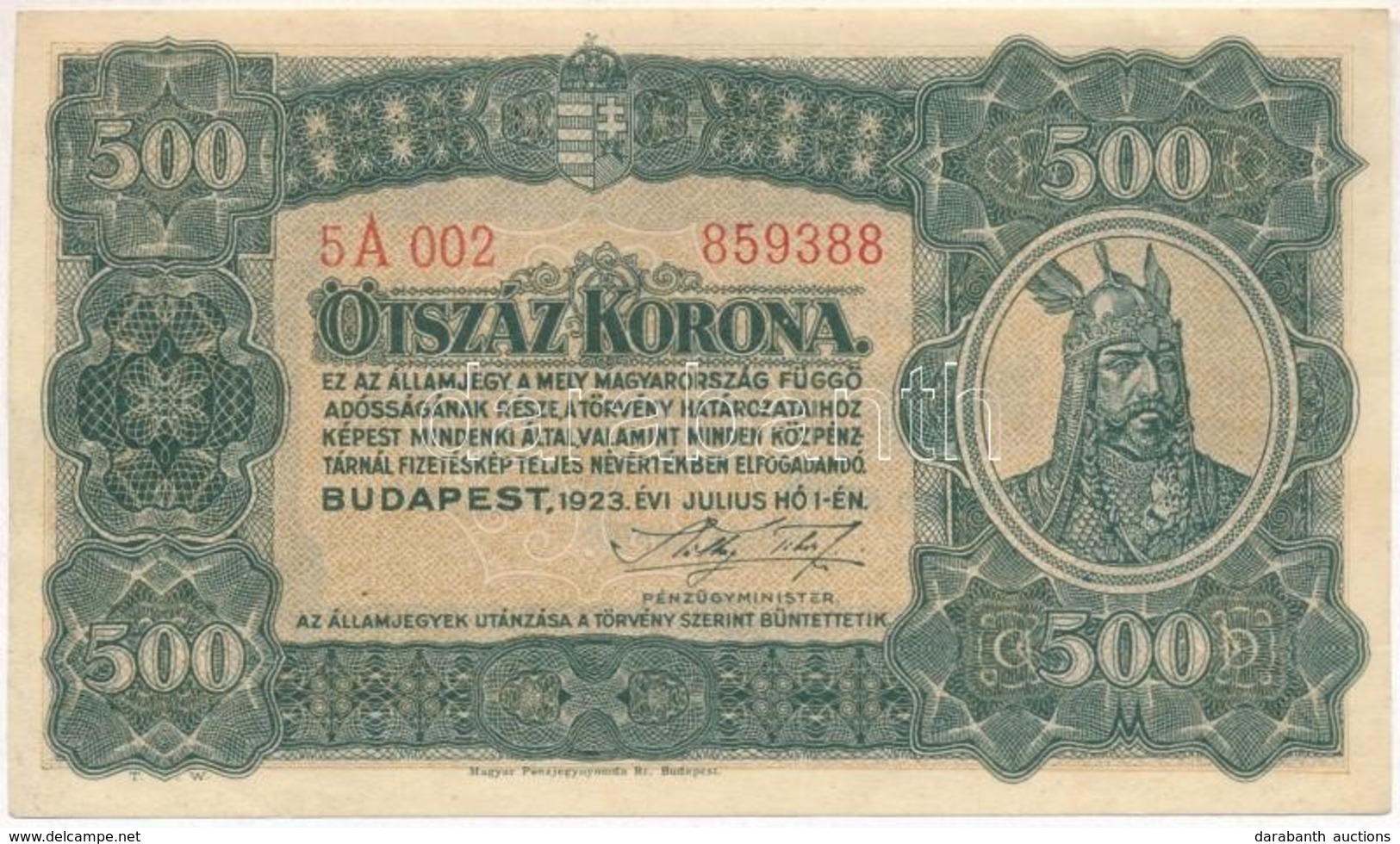 1923. 500K 'Magyar Pénzjegynyomda Rt. Budapest' Nyomdahely Jelöléssel T:I-
Adamo K34 - Sin Clasificación