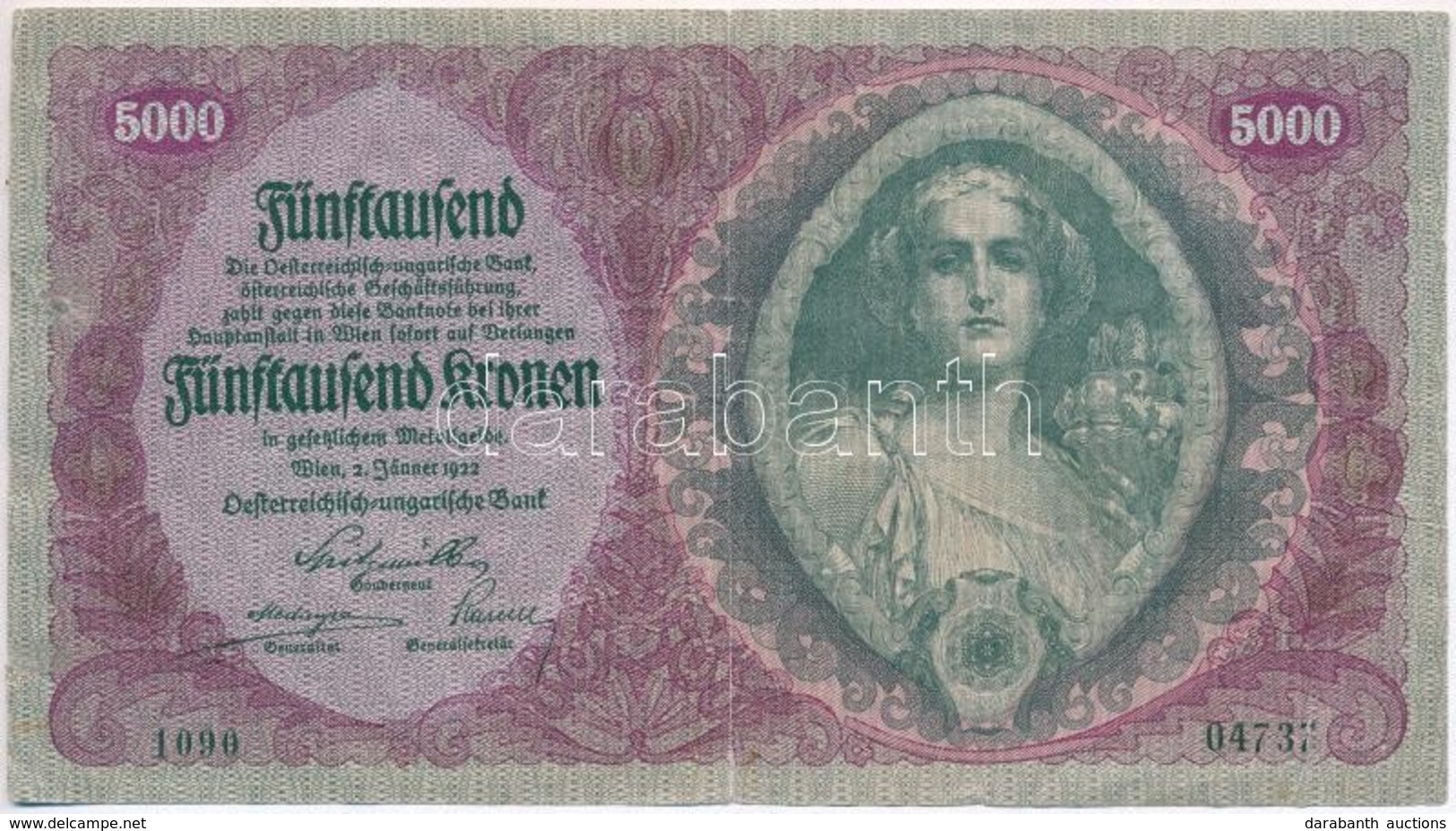 Ausztria / Osztrák-Magyar Bank 1922. 5000K T:III- Szakadás
Austria / Österreichisch-Ungarische Bank 1922. 5000 Kronen C: - Sin Clasificación