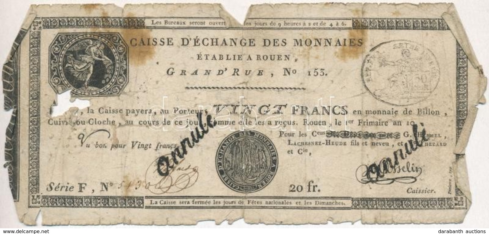 Franciaország / Rouen 1797-1803. 20Fr 'annulé (érvénytelen)' Felülbélyegzéssel T:IV France Rouen 1797-1803. 20 Francs 'a - Unclassified