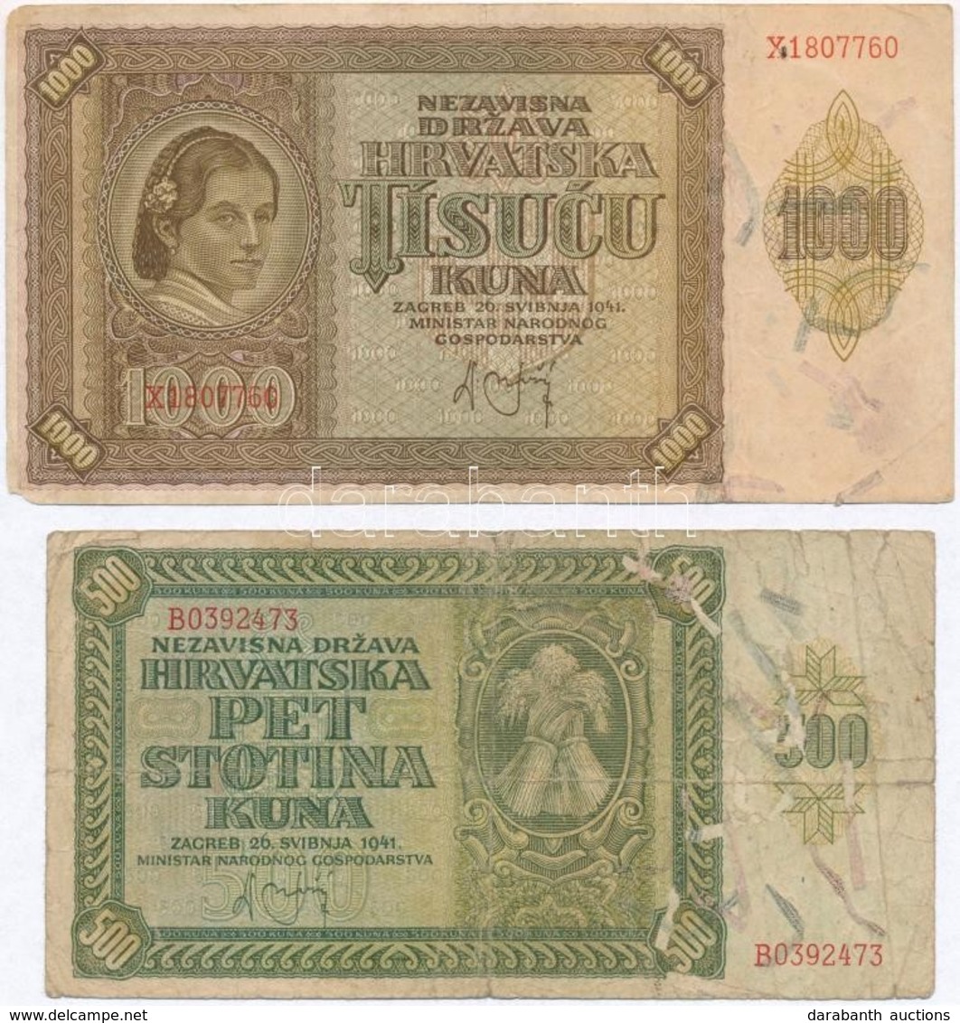 Független Horvát Állam 1941. 500K + 1000K T:III Independent State Of Croatia 1941. 500 Kuna + 1000 Kuna C:F - Sin Clasificación