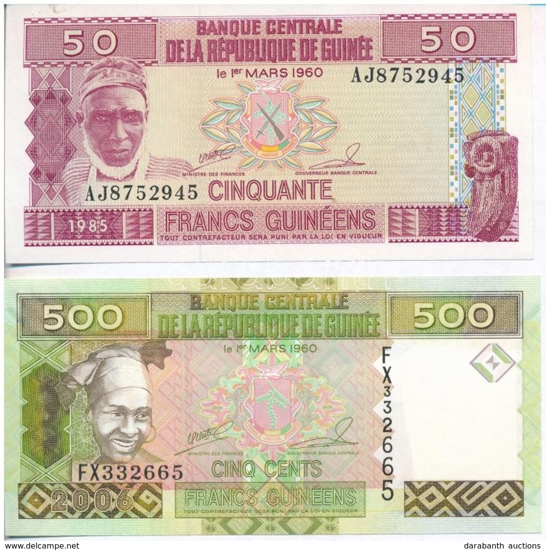 Guinea 1985. 50Fr + 2006. 500Fr T:I
Guinea 1985. 50 Francs + 2006. 500 Francs C:UNC
Krause 29.a, 39.a - Sin Clasificación