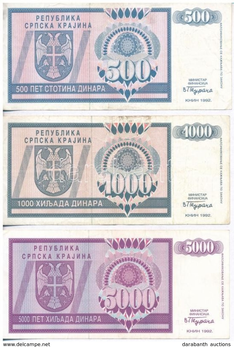 Horvátország / Krajna Szerb Köztársaság 1992. 500D + 1000D + 5000D + 10.000D + 1993. 50.000D + 100.000D T:III 
Croatia/R - Unclassified
