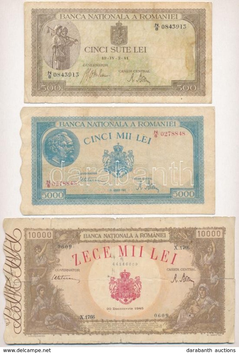 Románia 1941. 500L + 1945. 5000L + 10.000L T:III,III-
Romania 1941. 500 Lei + 1945. 5000 Lei + 10.000 Lei C:F, VG - Sin Clasificación