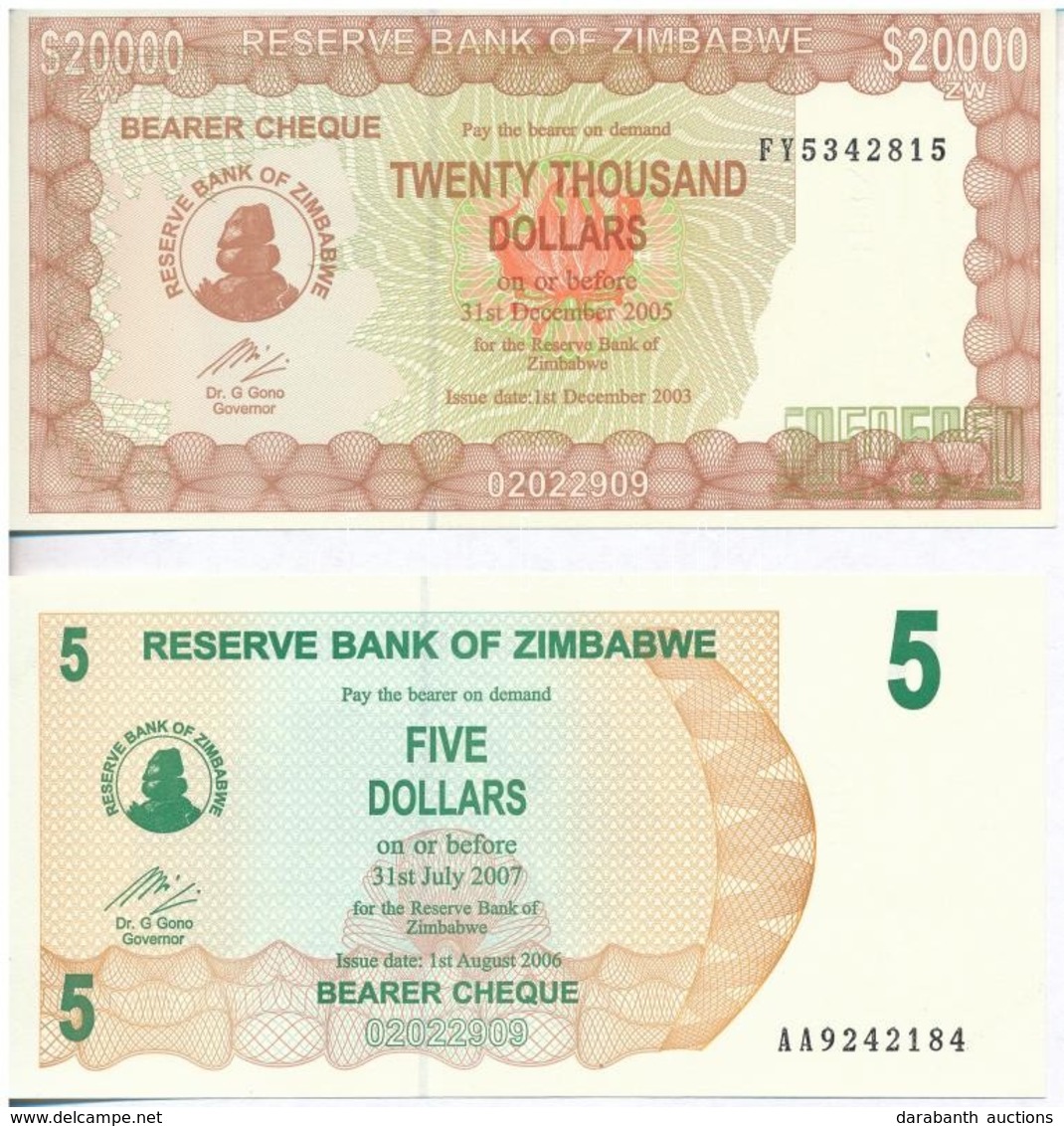 Zimbabwe 2003. 20.000D + 2006. 5D T:I
Zimbabwe 2003. 20.000 Dollars + 2006. 5 Dollars C:UNC - Sin Clasificación