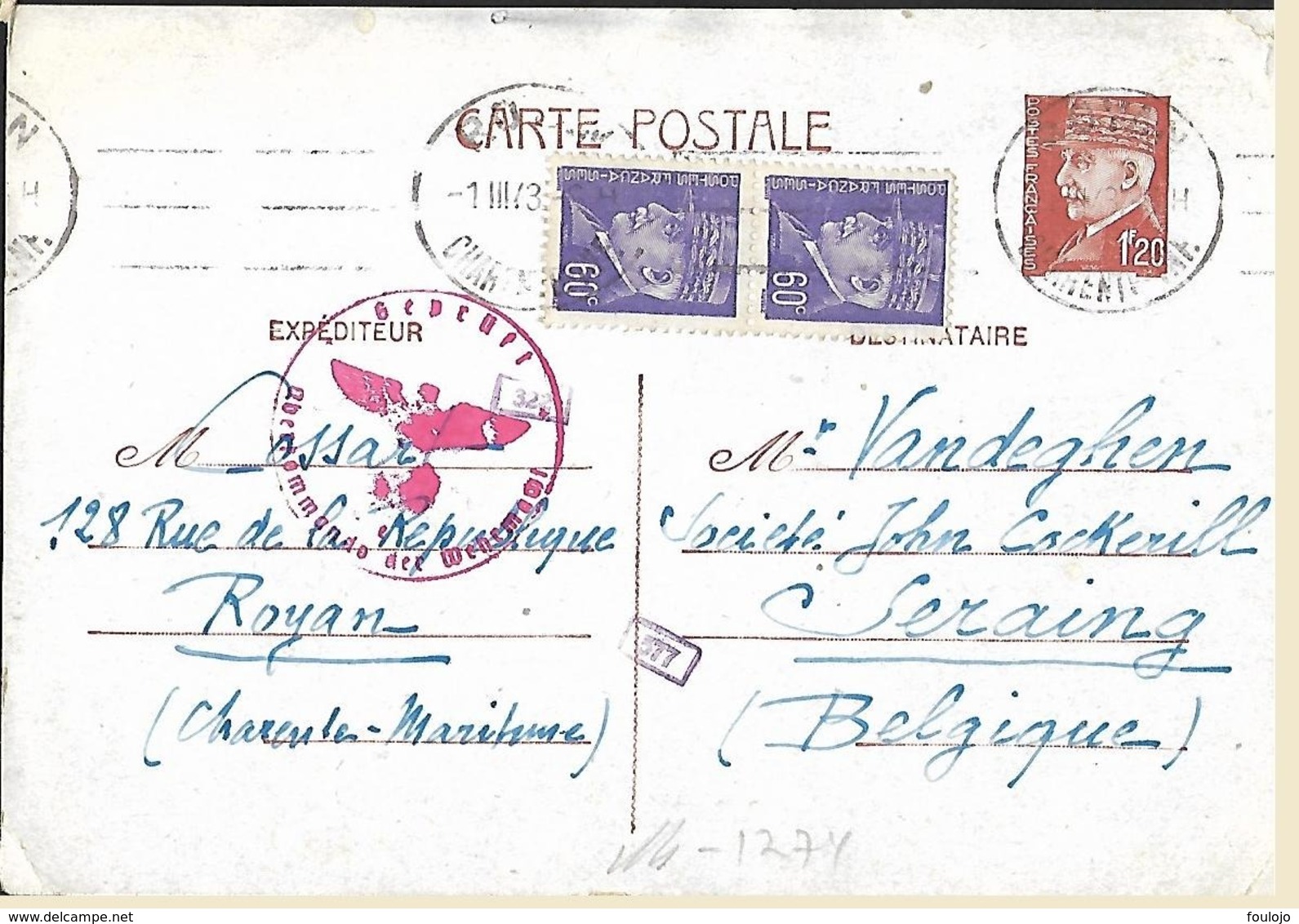 509 (2x) Et 515 Sur Carte Postale Oblitérée à Royan Le 1-III-43 Vers Seraing  "Oberkommando Der Wehrmacht" (Lot Nic 822) - 1941-42 Pétain