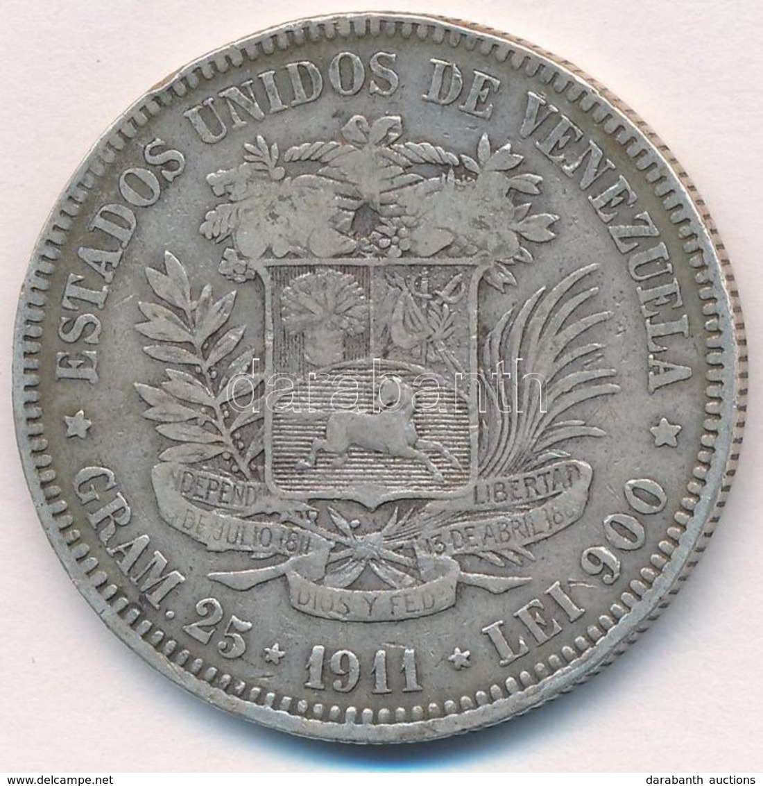 Venezuela 1911. 5B Ag T:3 Ph.
Venezuela 1911. 5 Bolivares Ag C:F Edge Error
Krause Y#24.2 - Sin Clasificación