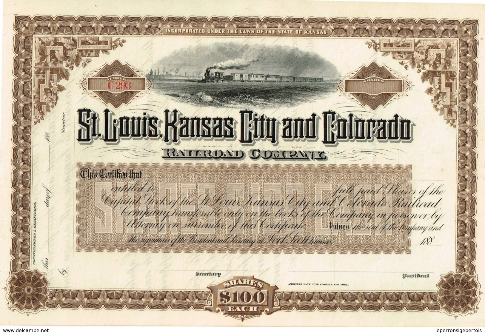 Titre Ancien - ST-Louis Kansas City And Colorado Railroad Company - Titre De 188...- Déco -Uncirculed - Chemin De Fer & Tramway