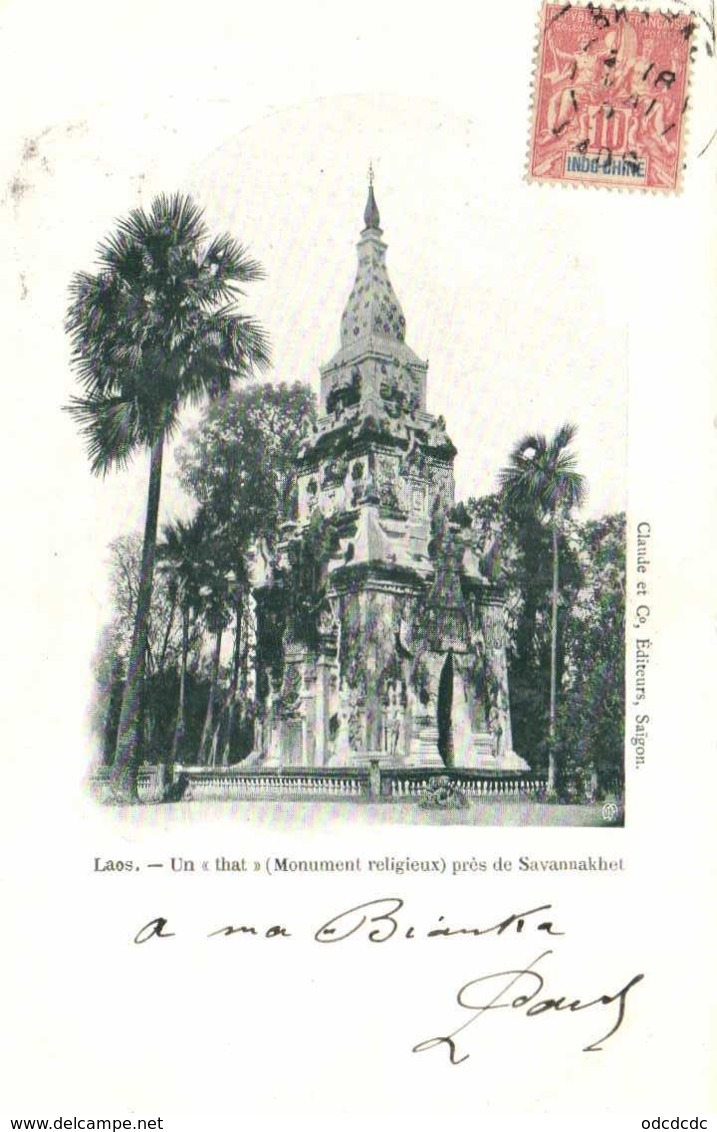 Laos Un "that" (Monument Religieux) Près De Savannakhet + Beau Timbre 10c Surchargé Indochine RV - Laos