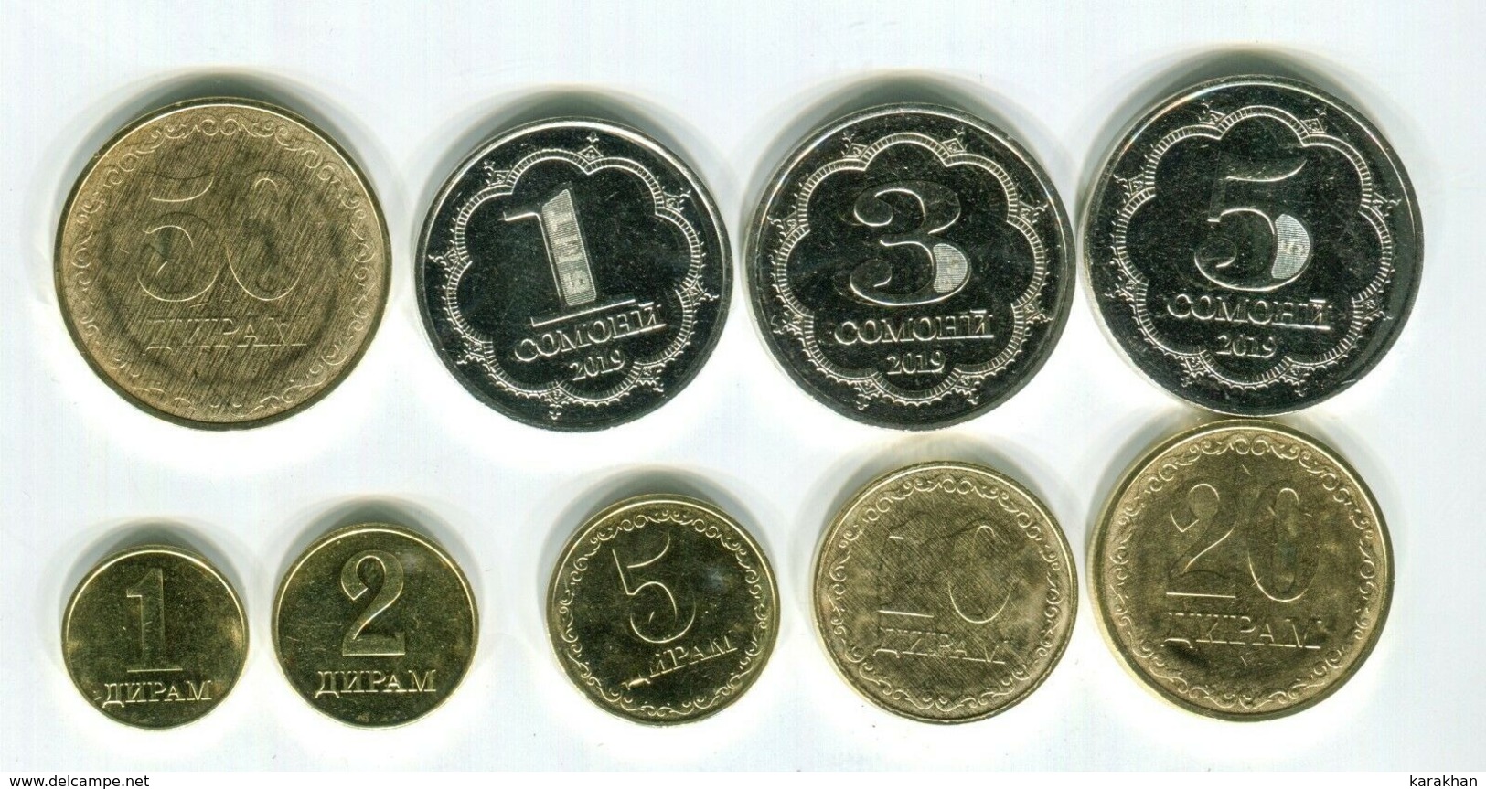 TAJIKISTAN: Ompleted 9 Coin Set Of 2019 UNC 1 Diram - 5 Somoni - Tagikistan