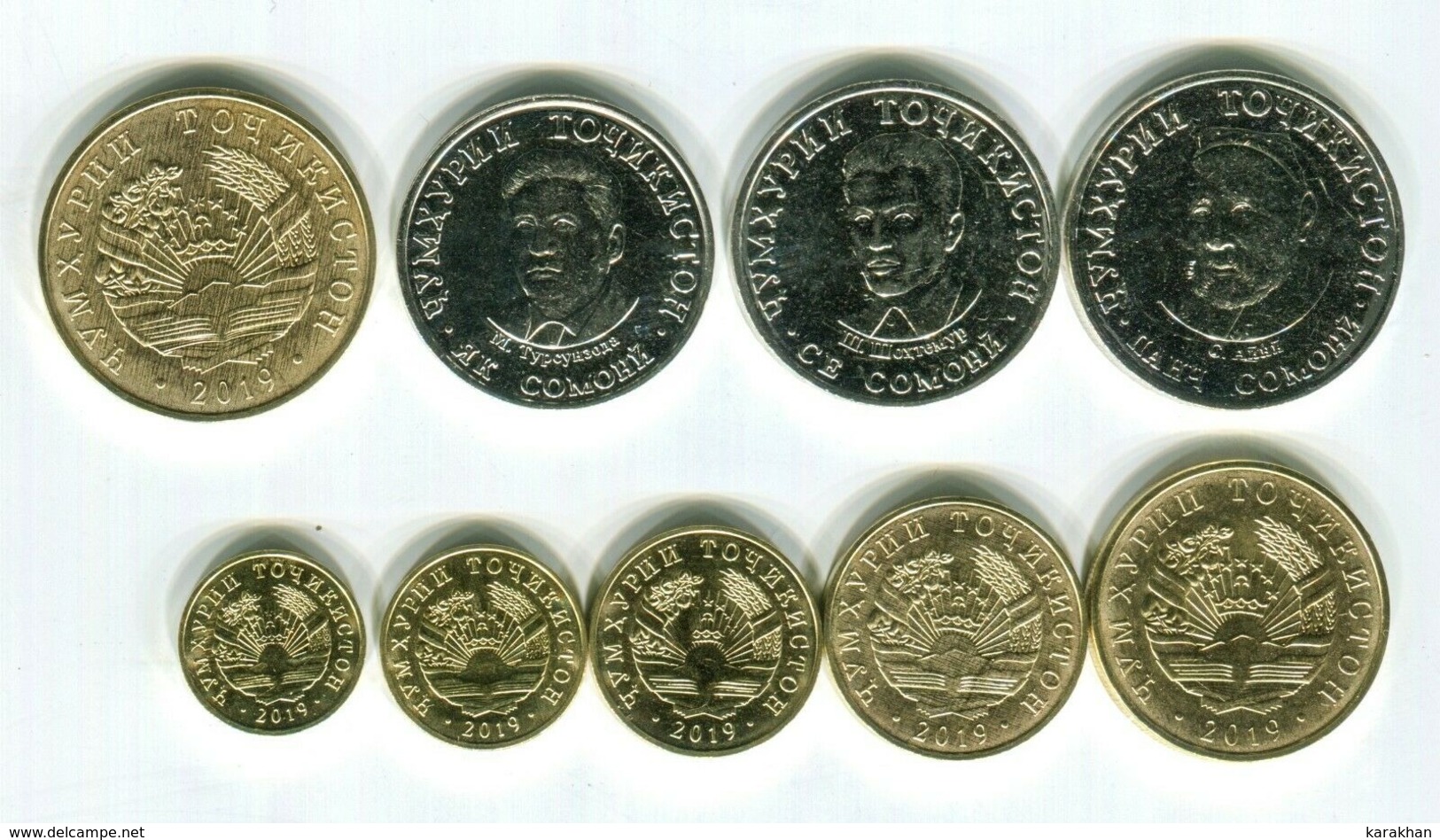 TAJIKISTAN: Ompleted 9 Coin Set Of 2019 UNC 1 Diram - 5 Somoni - Tajikistan