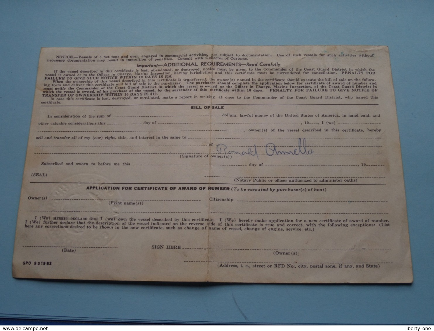 CERTIFICATE Of VESSEL ( Name MARIA Detail : Open/Wood/1916/Engine461286 Kermath/Collinsville ) > ( See Photo ) 1959 ! - Autres & Non Classés