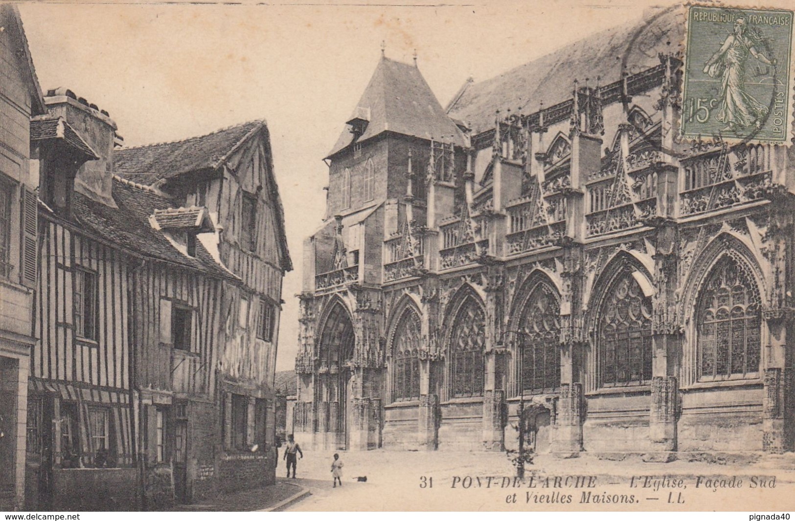 Cp , 27 , PONT-de-L'ARCHE , L'Église, Façade Sud Et Vieilles Maisons - Pont-de-l'Arche