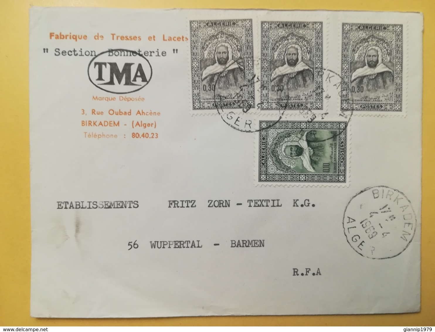 1969 BUSTA INTESTATA ALGERIA ALGERIE BOLLO EMIR ABD EL KADER OBLITERE ANNULLO BIRKADEM STORIA POSTALE - Algeria (1962-...)