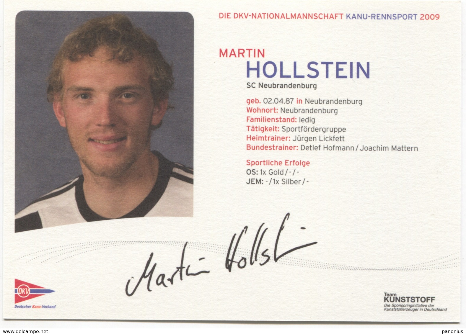 Rowing, Kayak, Canoe - DKV Germany Nationalmannschaft National Team, MARTIN HOLLSTEIN, Autogramme Signed - Aviron