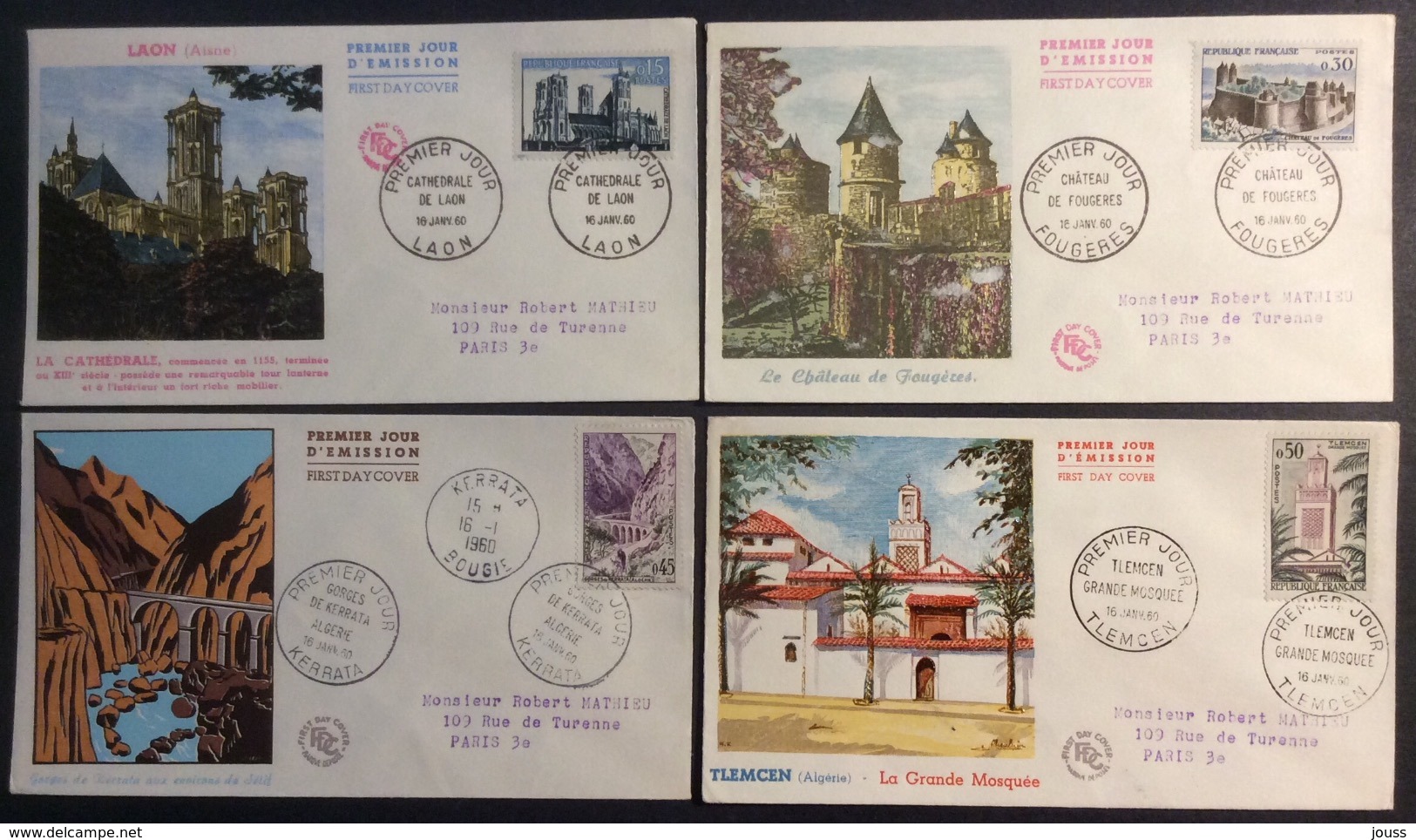 196- Série Touristique 1235 1236 1237 1238 1239 1240 1241 FDC Premier Jour 16/1/1960 Lot 7 Lettre - 1960-1969