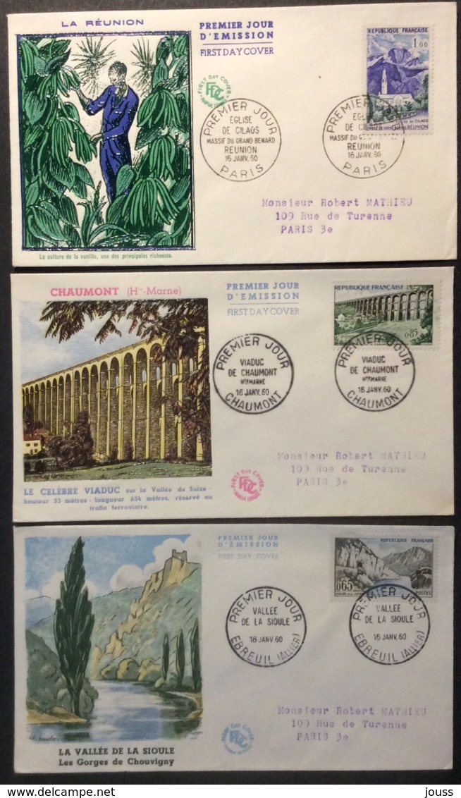 196- Série Touristique 1235 1236 1237 1238 1239 1240 1241 FDC Premier Jour 16/1/1960 Lot 7 Lettre - 1960-1969