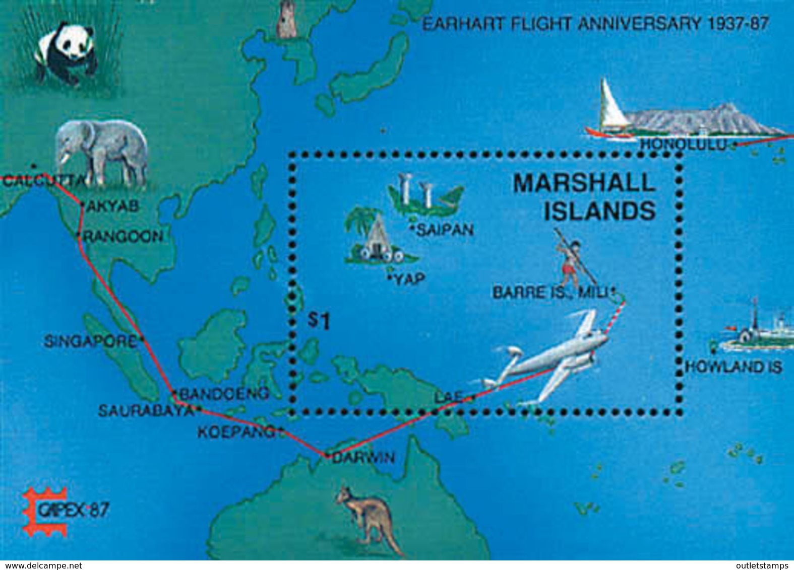 Ref. 75043 * NEW *  - MARSHALL Islands . 1987. 50TH ANNIVERSARY OF THE ATTEMPT TO CIRCUMNAVIGATE THE WORLD IN AN AMALIE - Marshall