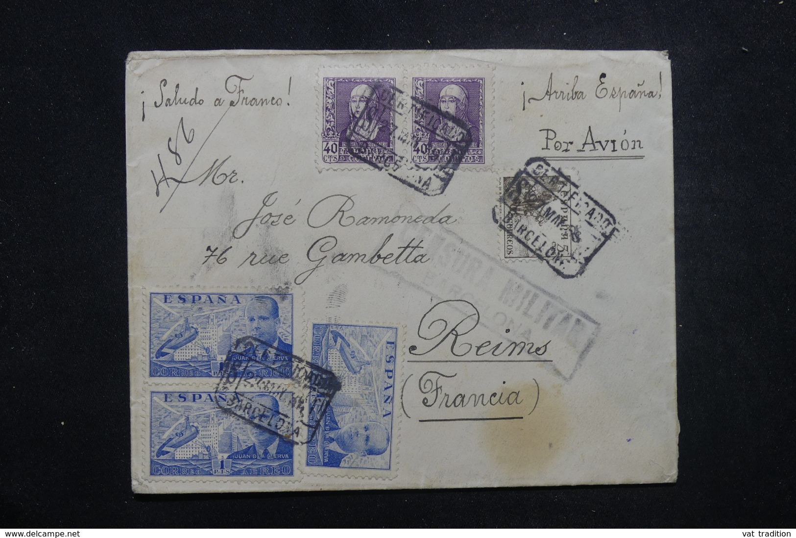 ESPAGNE - Censure De Barcelone Sur Enveloppe En Recommandé Pour La France En 1939 - L 45702 - Nationalistische Zensur
