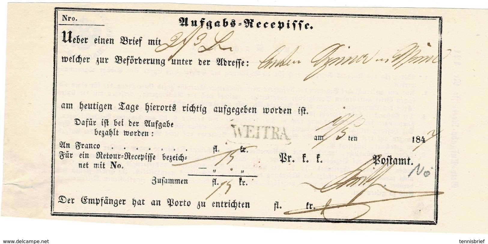 1847, Recepisse, L1 Stp. " WEITRA "   , A2339 - ...-1850 Voorfilatelie