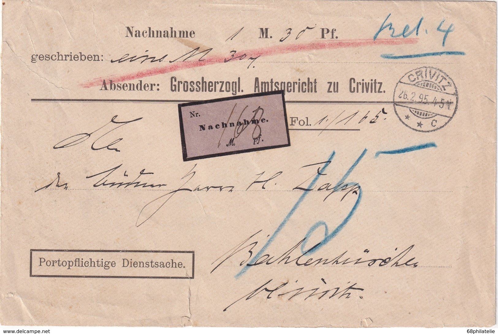 ALLEMAGNE 1895 LETTRE TAXEE EN CONTRE REMBOURSEMENT DE CRIVITZ - Briefe U. Dokumente