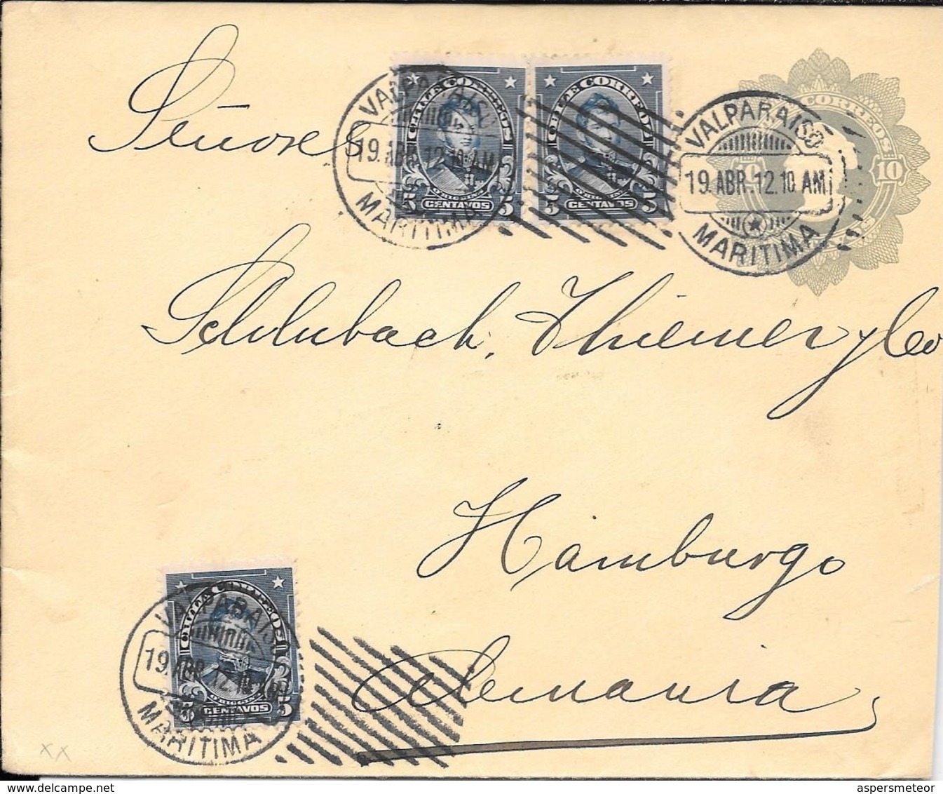 RARO ENTERO CIRCULADO COLON COLUMBUS CON 3 TIMBRES ADICIONALES CHILE VALPARAISO A HAMBURGO AÑO 1912 - Cile