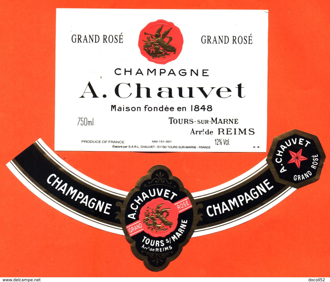 étiquette + Collerette De Champagne Brut Grand Rosé A Chauvet à Tours Sur Marne - 75 Cl - Champagne