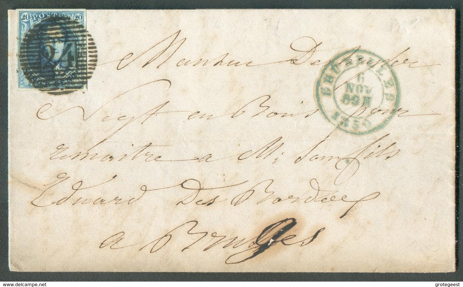 N°4  Médaillon 20 Centimes Bleu, TB Margé, Superbe Oblitération P.24 Idéalement Apposée Sur Lettre De BRUXELLES Le 6 Nov - 1849-1850 Medaillen (3/5)