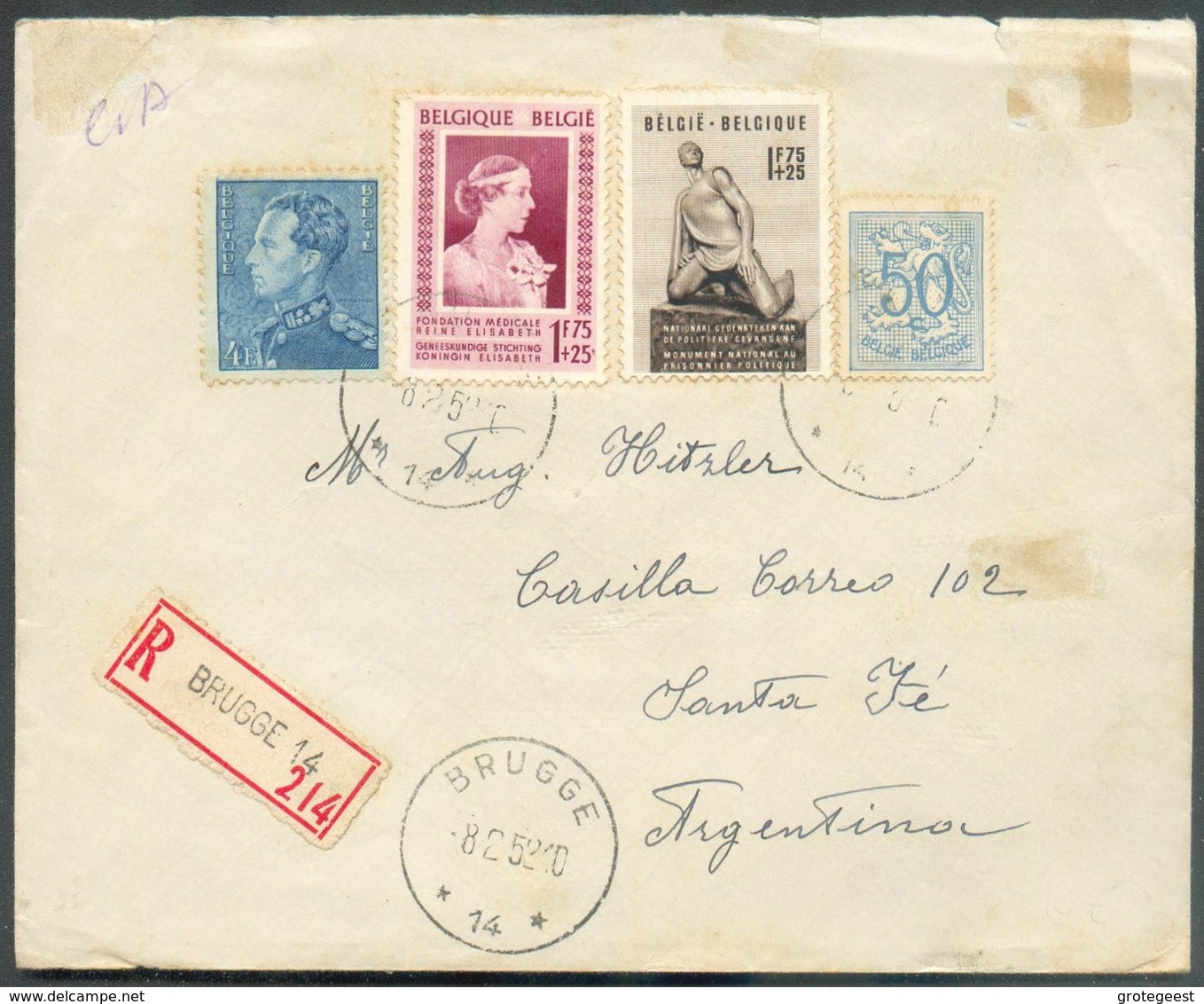 N°847A-854-860-864 Obl. Sc Agence BRUGGE 14 * S/L. Recommandée Du 8-2-1952 Vers Santa Fé (Argentine) + (verso) Vignette - Sternenstempel