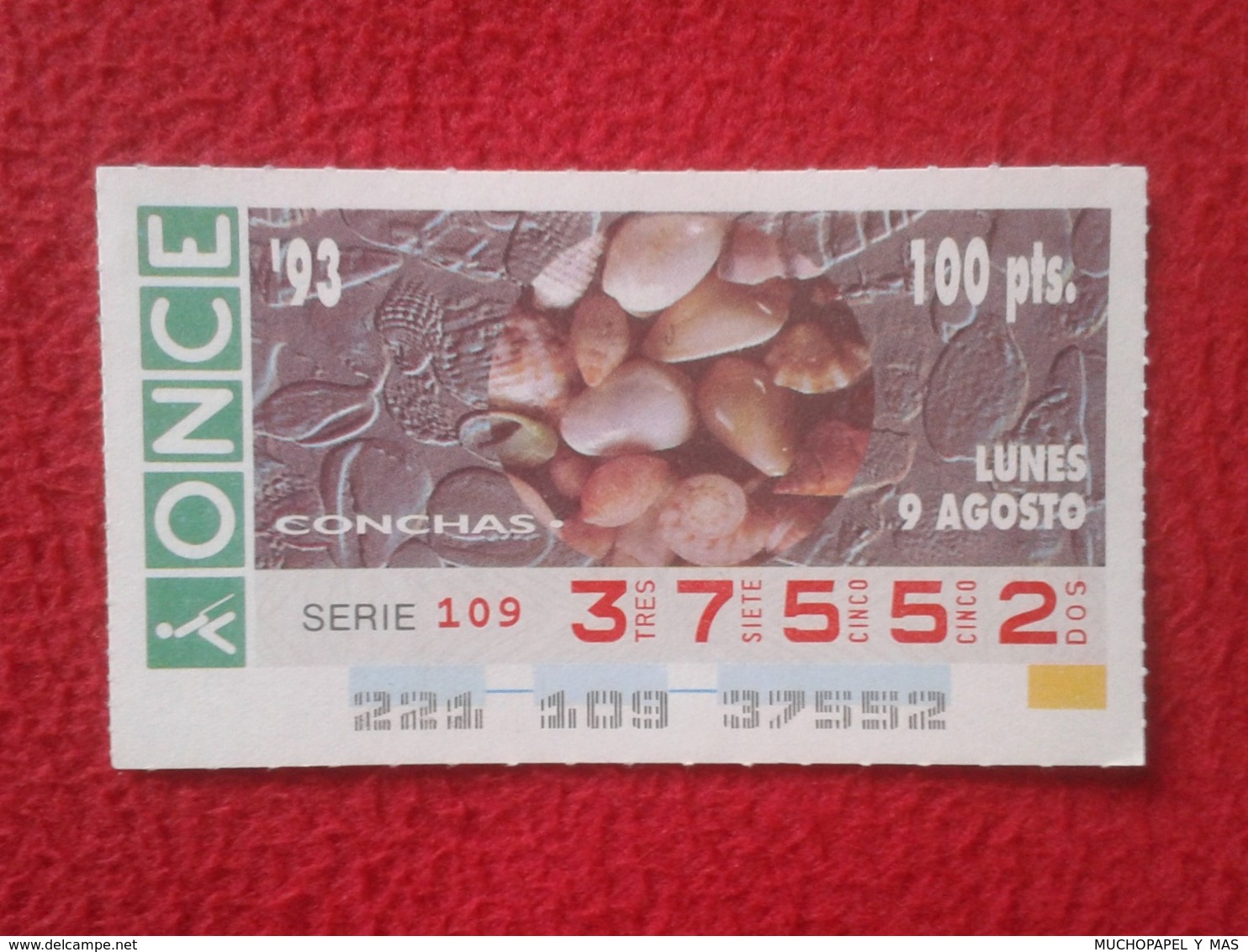 CUPÓN DE ONCE 1993 LOTTERY LOTERIE SPAIN LOTERÍA CONCHAS MARINAS O SIMIL MARINE SHELLS SHELL COQUILLAGES THE SEA CONCHA - Billetes De Lotería