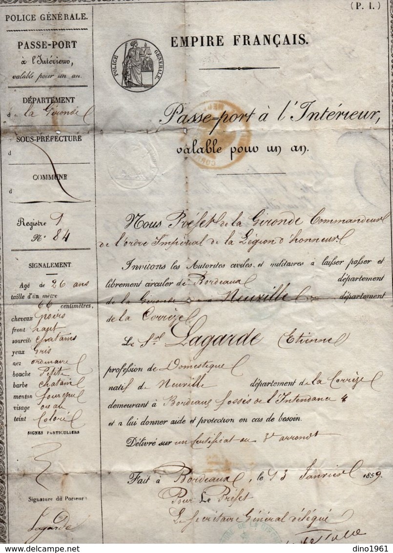 VP15.998 - Empire Français - BORDEAUX 1859 - Passeport à L'Intérieur - Mr E. LAGARDE Domestique Natif De NEUVILLE - Polizei