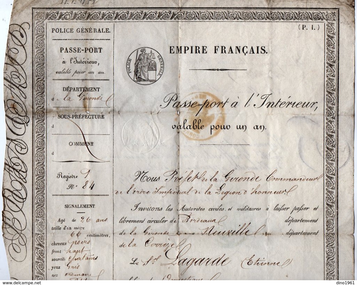 VP15.998 - Empire Français - BORDEAUX 1859 - Passeport à L'Intérieur - Mr E. LAGARDE Domestique Natif De NEUVILLE - Politie & Rijkswacht