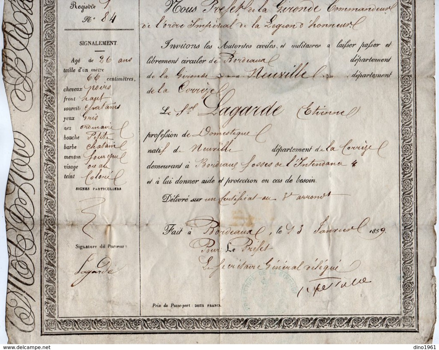 VP15.998 - Empire Français - BORDEAUX 1859 - Passeport à L'Intérieur - Mr E. LAGARDE Domestique Natif De NEUVILLE - Policia