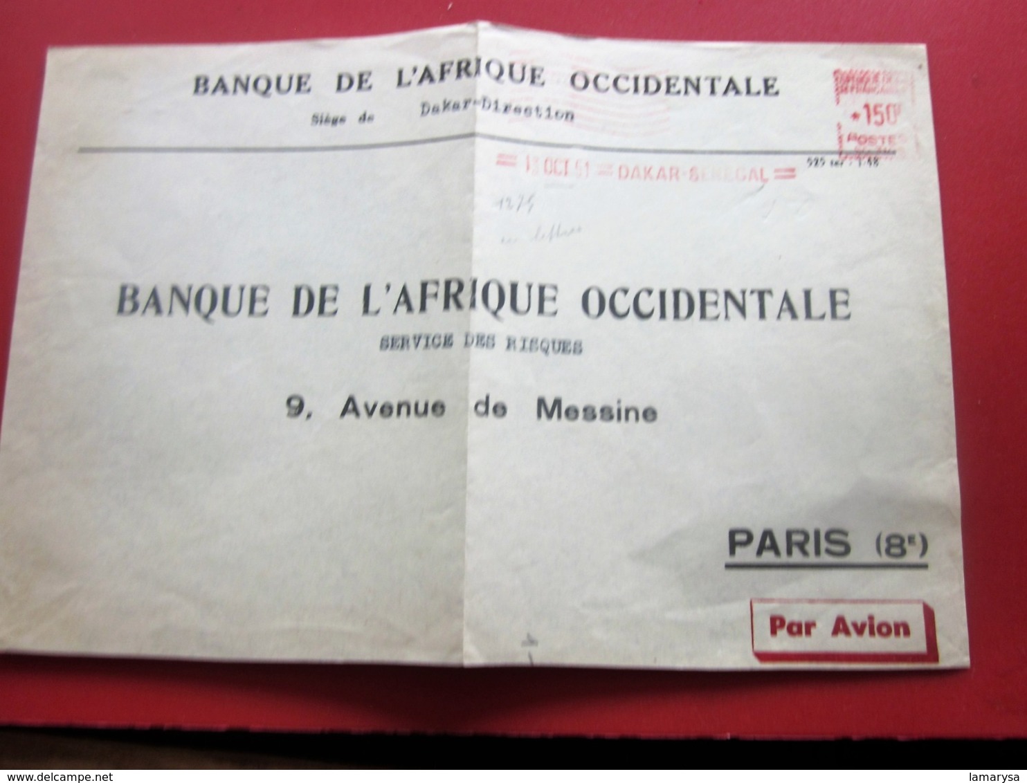 1951 DAKAR SÉNÉGAL BANQUE AFRIQUE OCCIDENTALE AOF-AVION-Marcophilie Devant De Lettre EMA(Empreinte Machine à Affranchir) - Storia Postale