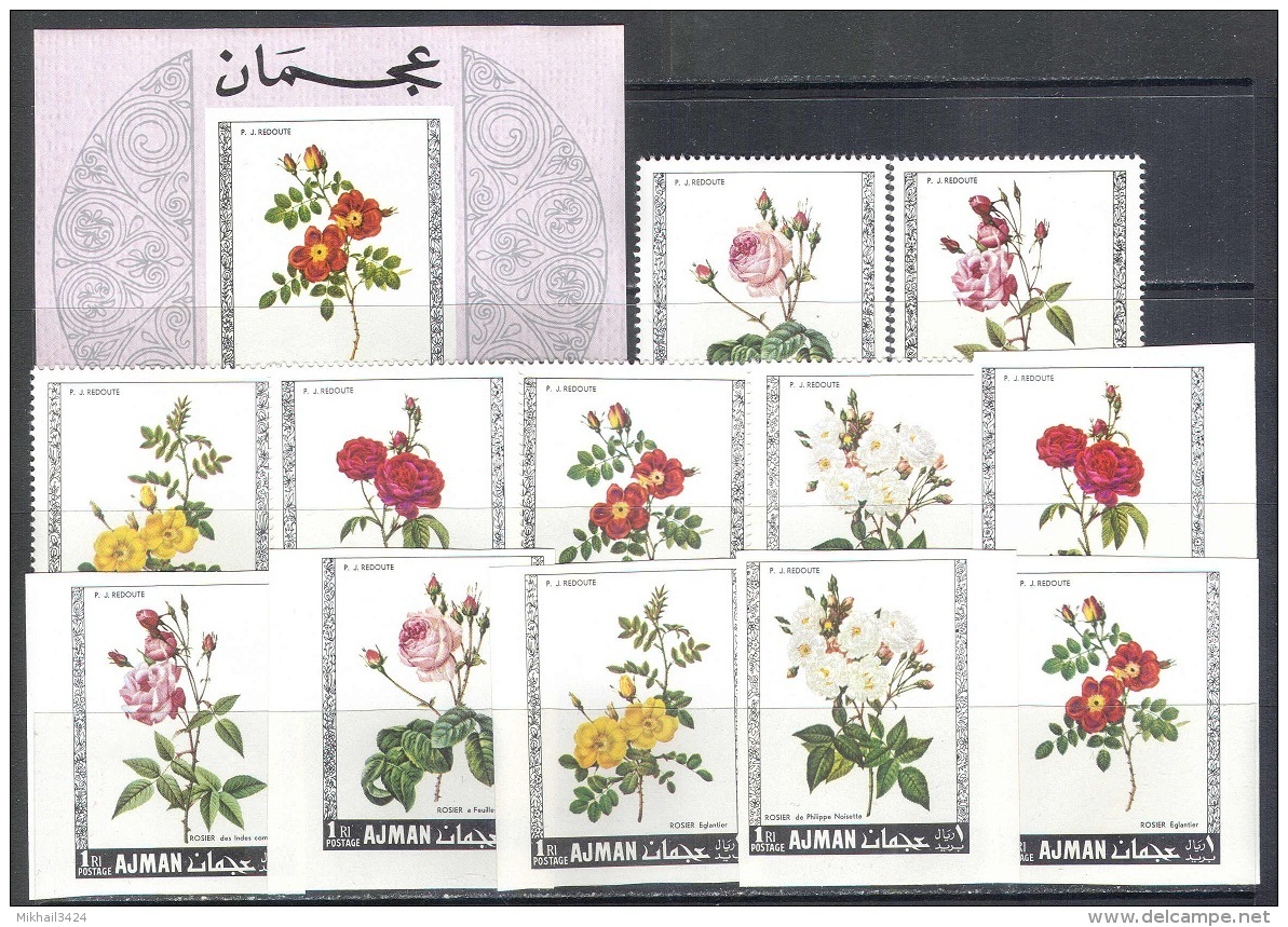 3212 ✅ Painting Art Flora Roses Blumen P.J.Redoute 1969 Ajman 6v+6v+S/s Set MNH ** 15ME Imperf Imp - Rosas