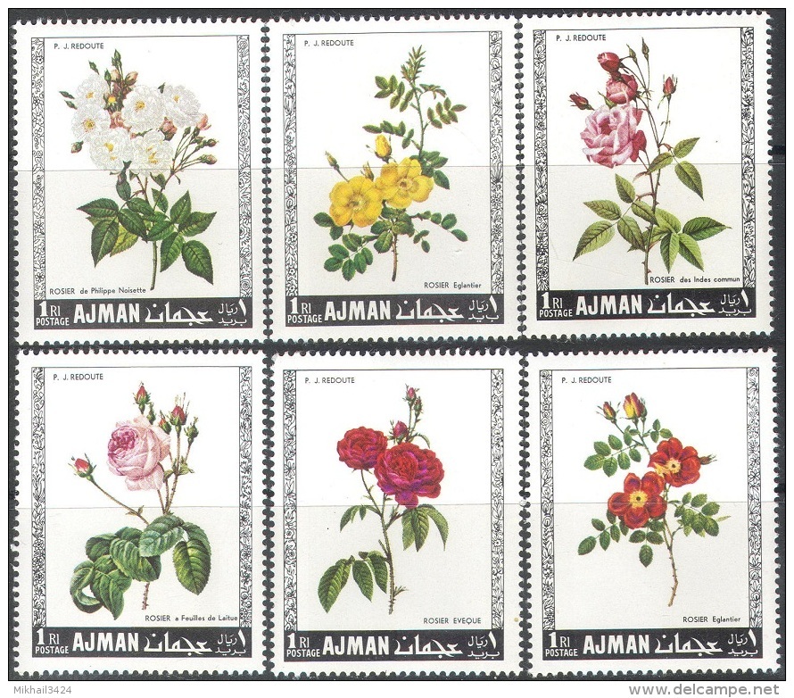 3212 ✅ Painting Art Flora Roses Blumen P.J.Redoute 1969 Ajman 6v+6v+S/s Set MNH ** 15ME Imperf Imp - Rosas