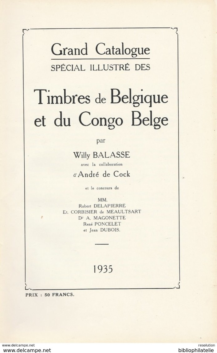 Grand Catalogue Spécial Illustré Des Timbres De Belgique Et Du Congo Belge - Willy Balasse - Bruxelles 1935 - MX-1 - Catalogues De Maisons De Vente