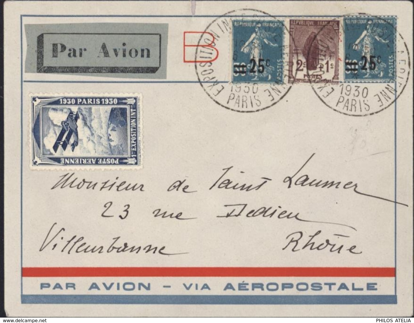 Par Avion Via Aéropostale Vignette Poste Aérienne 1930 YT 217 X2 229 Grand CAD Exposition Internationale Paris 6 11 1930 - 1960-.... Storia Postale