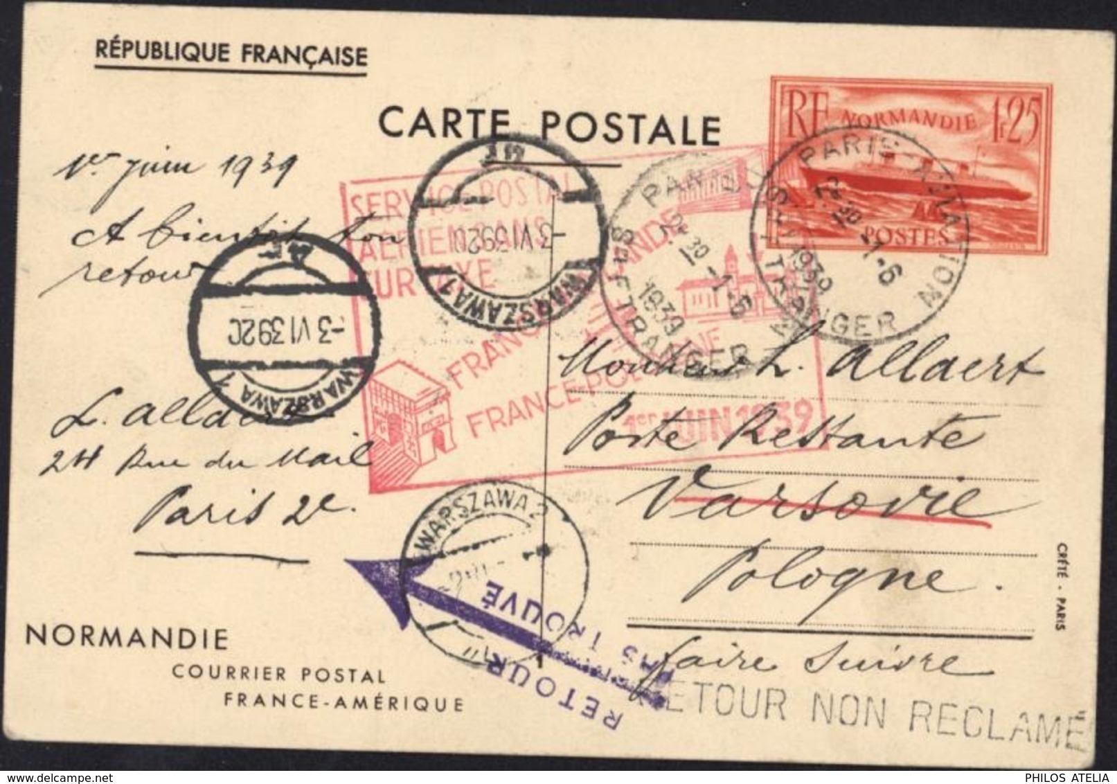 Entier Normandie 1.25 Paris Aviation étranger 1 6 39 Cachet Service Postal Aérien Sans Surtaxe France Pologne Finlande - 1960-.... Storia Postale