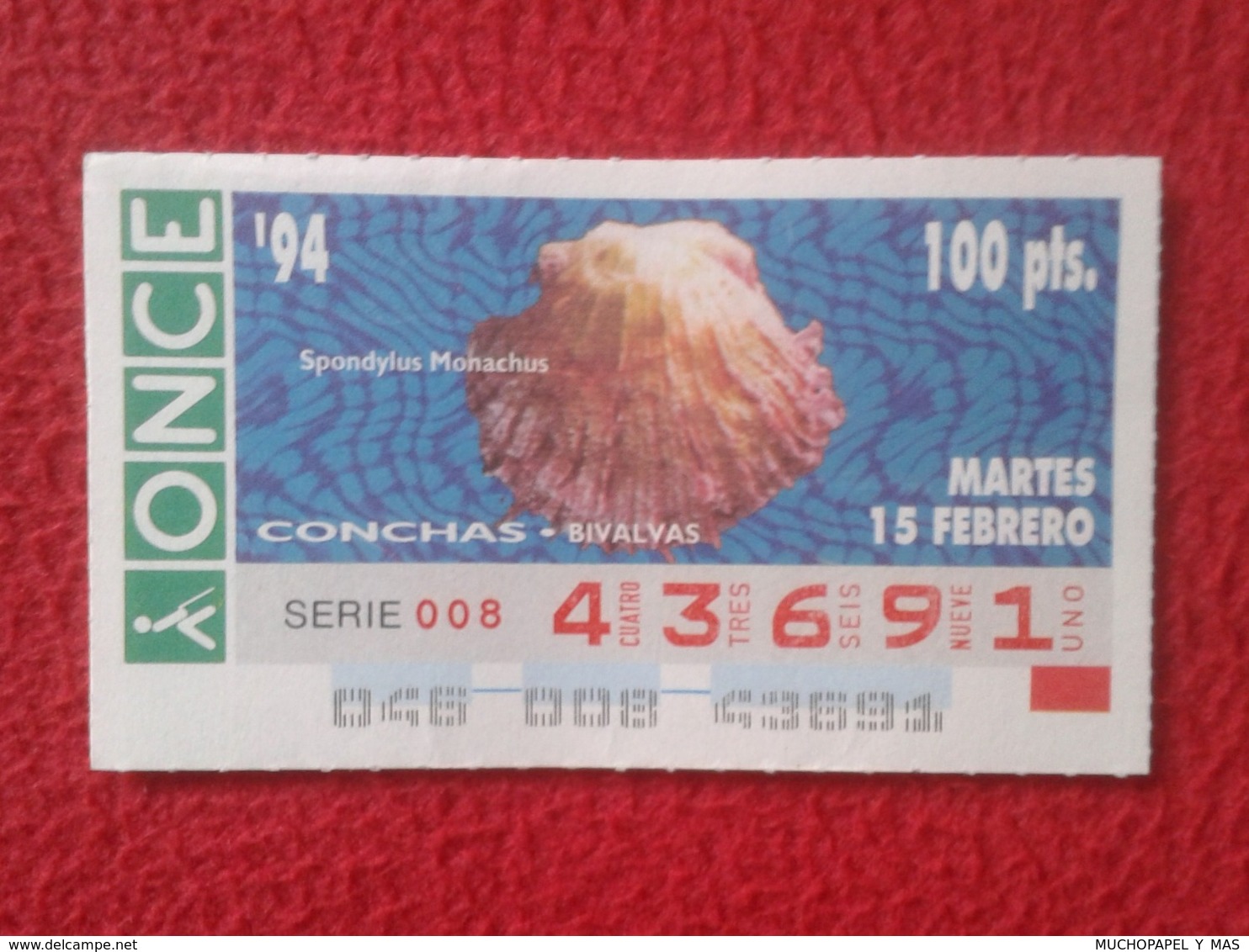 CUPÓN DE ONCE 1994 LOTTERY LOTERIE SPAIN LOTERÍA CONCHAS MARINAS O SIMIL MARINE SHELLS SHELL COQUILLAGES THE SEA CONCHA - Billetes De Lotería